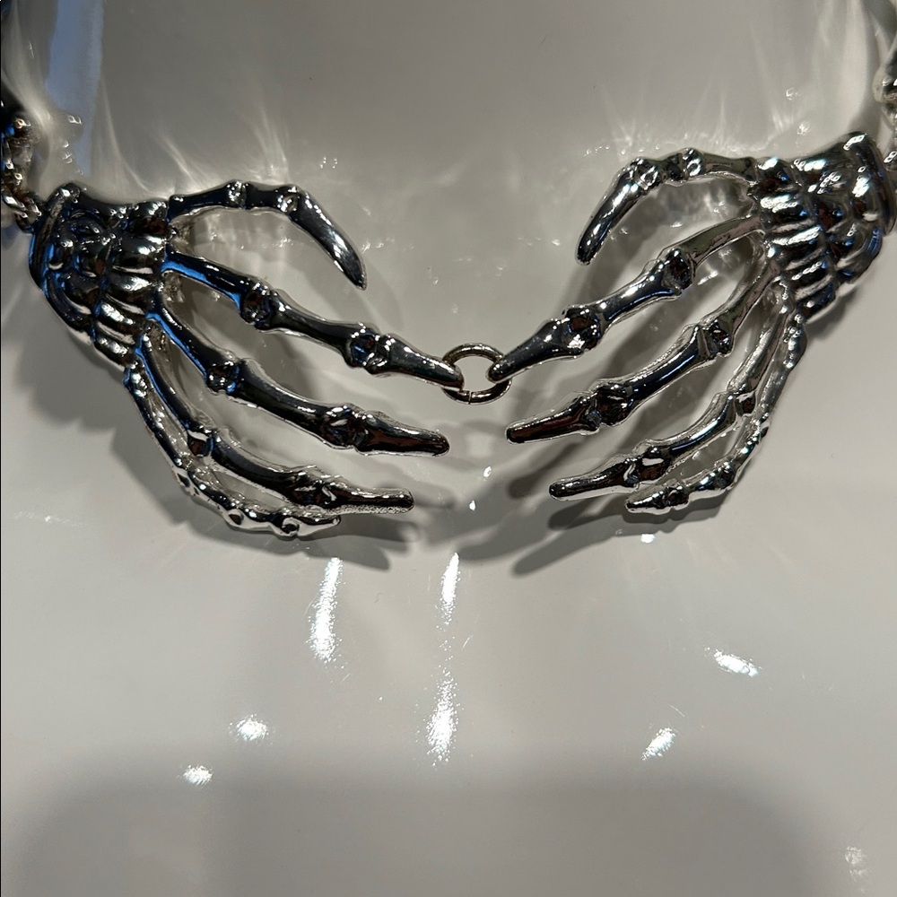 Gothic Skeleton Hands Necklace β Statement Choker β Silver Tone π€ - Picture 3 of 9